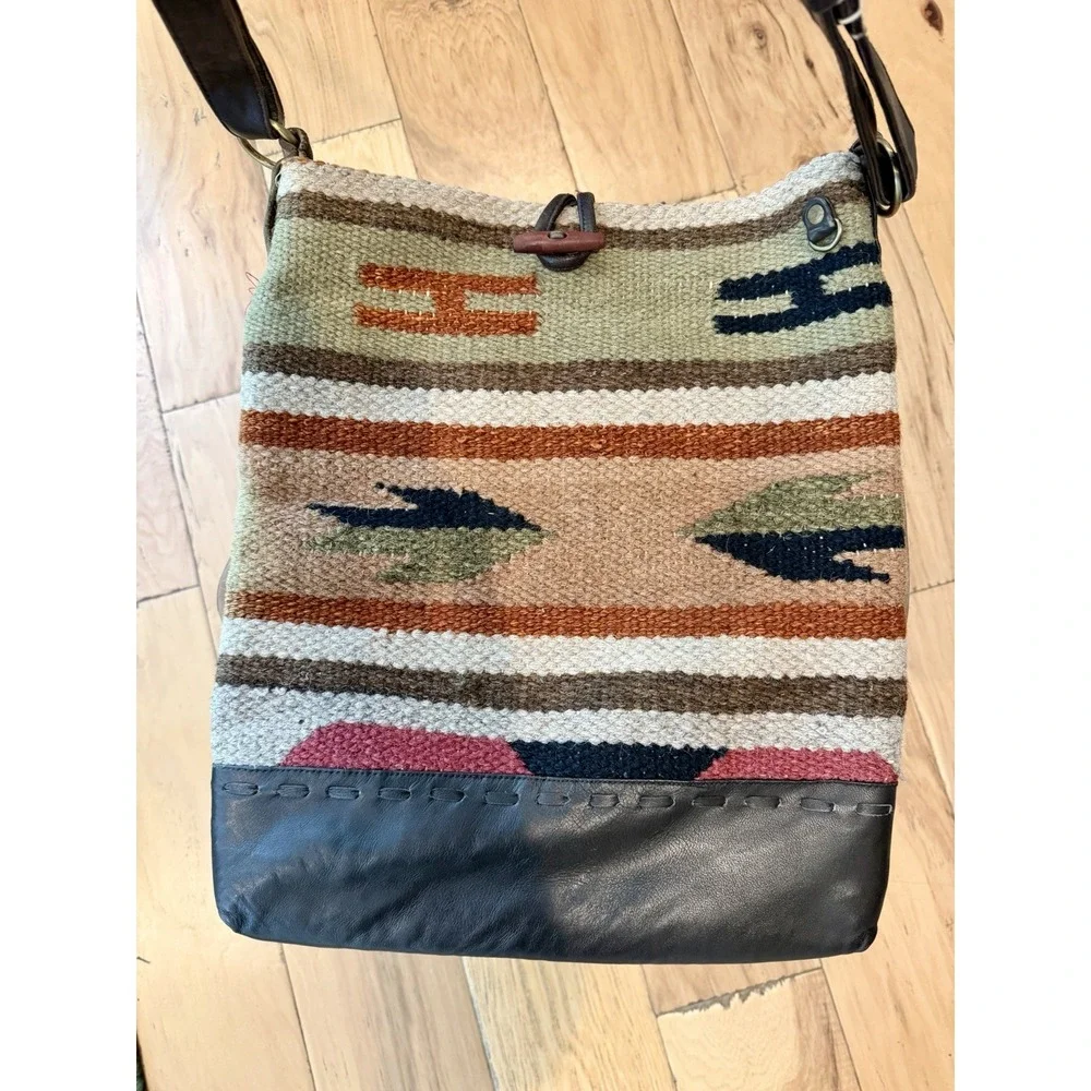 Raj Anthropologie Crossbody Rug Bag Kilim Woven Tribal Western Leather Boho